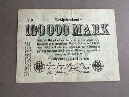 WW1/WW2 Tysk "Reichsbanknote" fra inflationen på 100.000. Original.