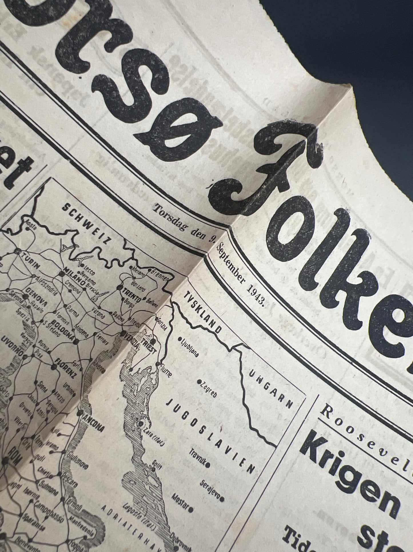 WW2 Dansk Avis "Morsø Folkeblad" fra 1943 om Italiens kapitulation. Original.