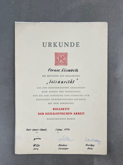 Østtysk DDR Urkunde/Medalje Lot. Original.