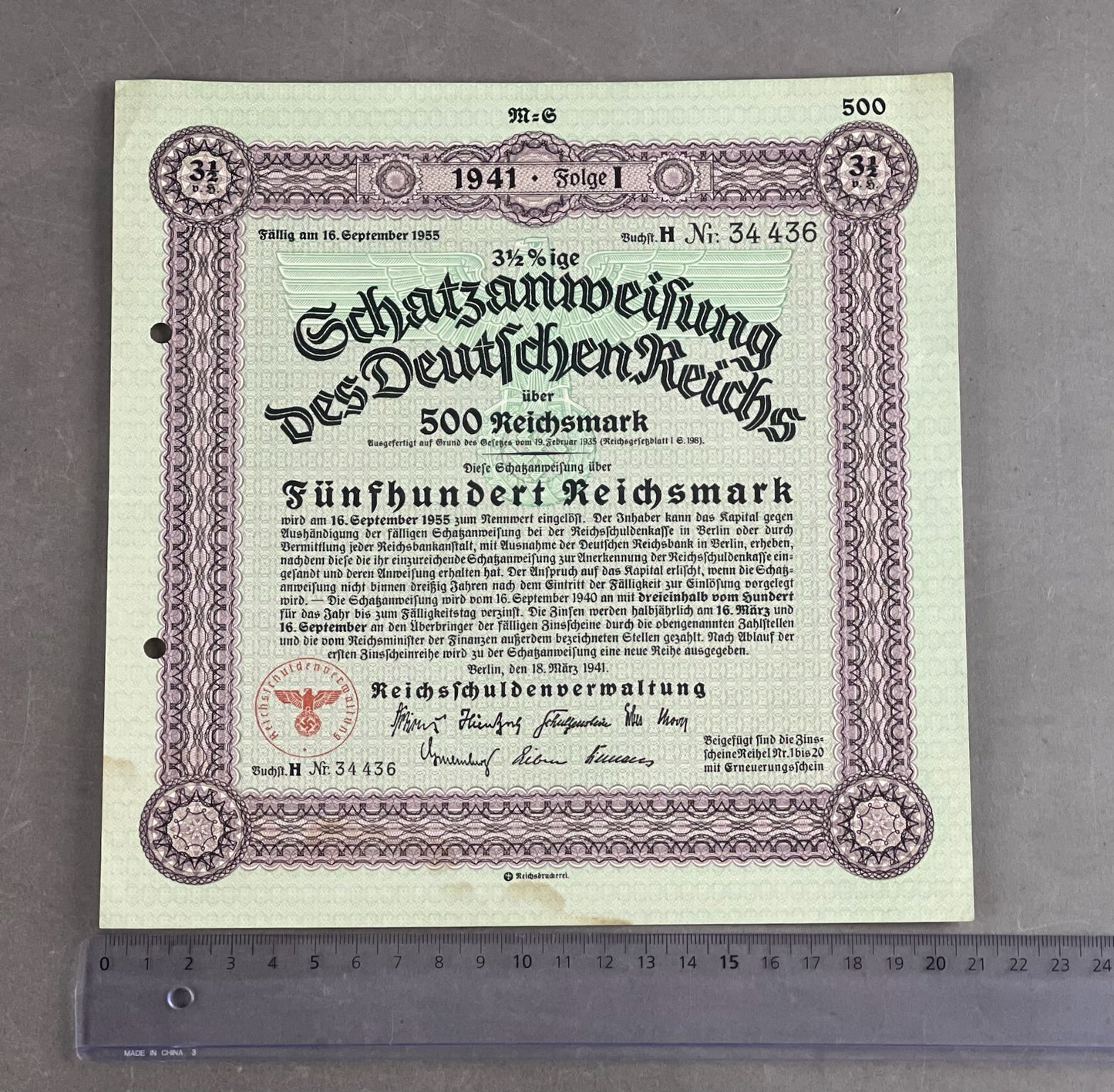 WW2 Tysk Stor Statsobligation "Schatzanweisung" på 500 Reichsmark. Sjælden. Original.
