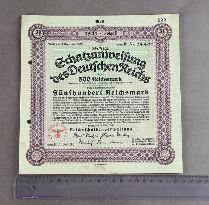 WW2 Tysk Stor Statsobligation "Schatzanweisung" på 500 Reichsmark. Sjælden. Original.