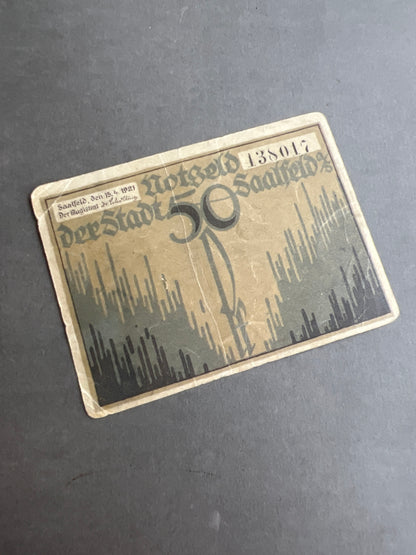 WW1 Tysk "Notgeld" pengeseddel fra 1921. Original.