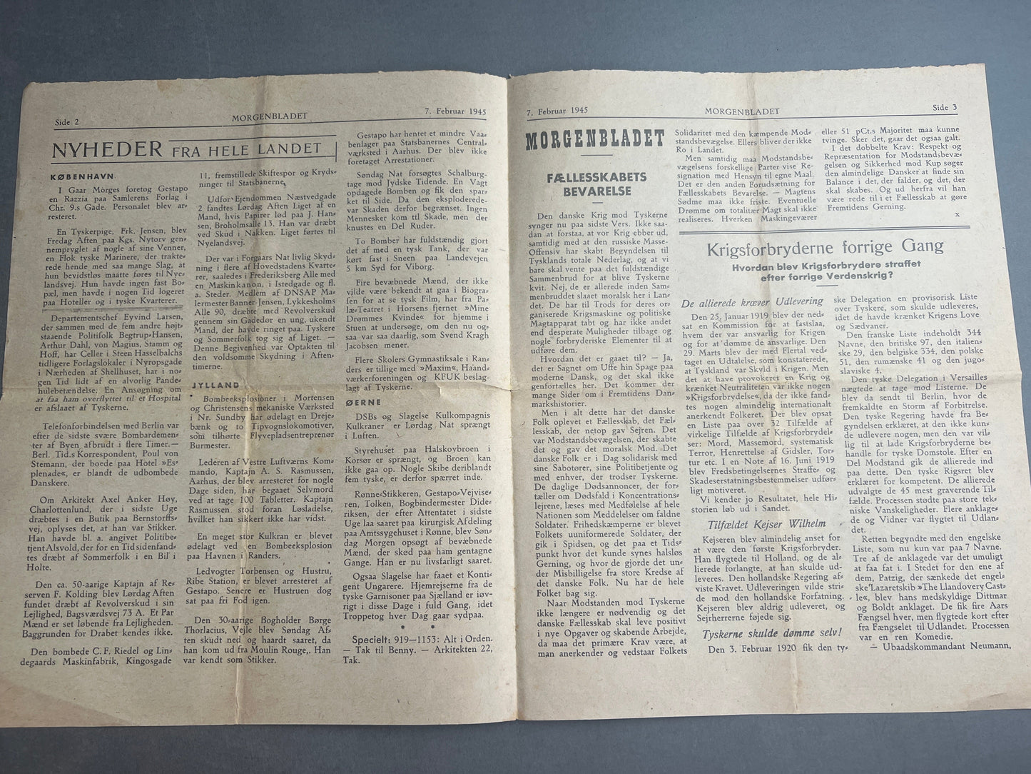 WW2 Dansk Illegal avis "MORGENBLADET" fra februar 1945. Original.