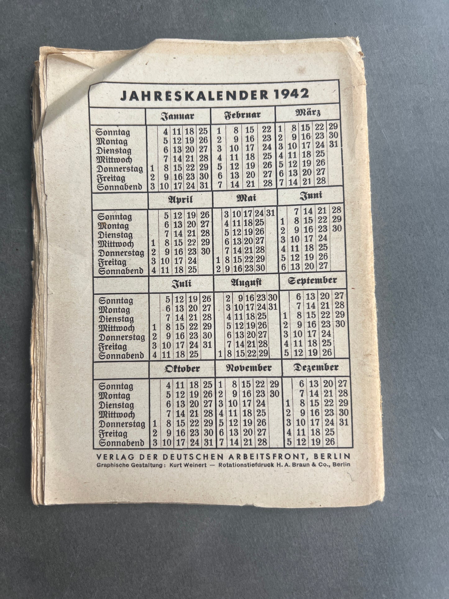 WW2 Tysk DAF Kalender. Original.