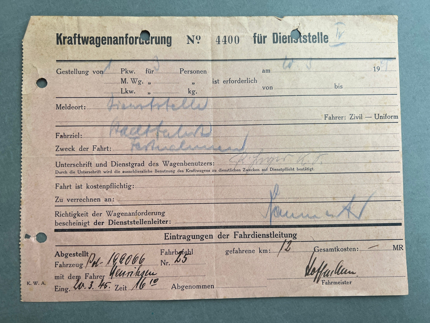 WW2 Tysk "Kraftwagenanforderung". Original.