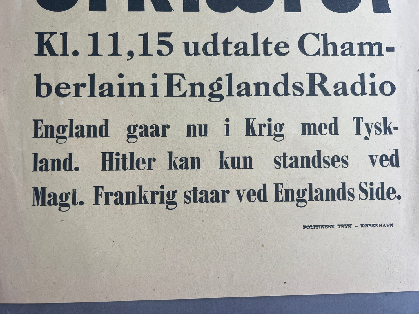 WW2 Dansk Politiken "Spiseseddel" om England erklærer Tyskland krig. A4-størrelse. Original.