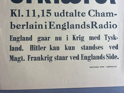 WW2 Dansk Politiken "Spiseseddel" om England erklærer Tyskland krig. A4-størrelse. Original.