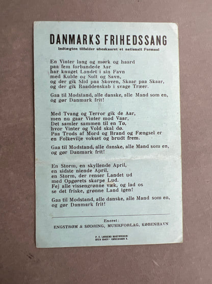 WW2 Dansk Postkort med "Danmarks Frihedssang". Original.