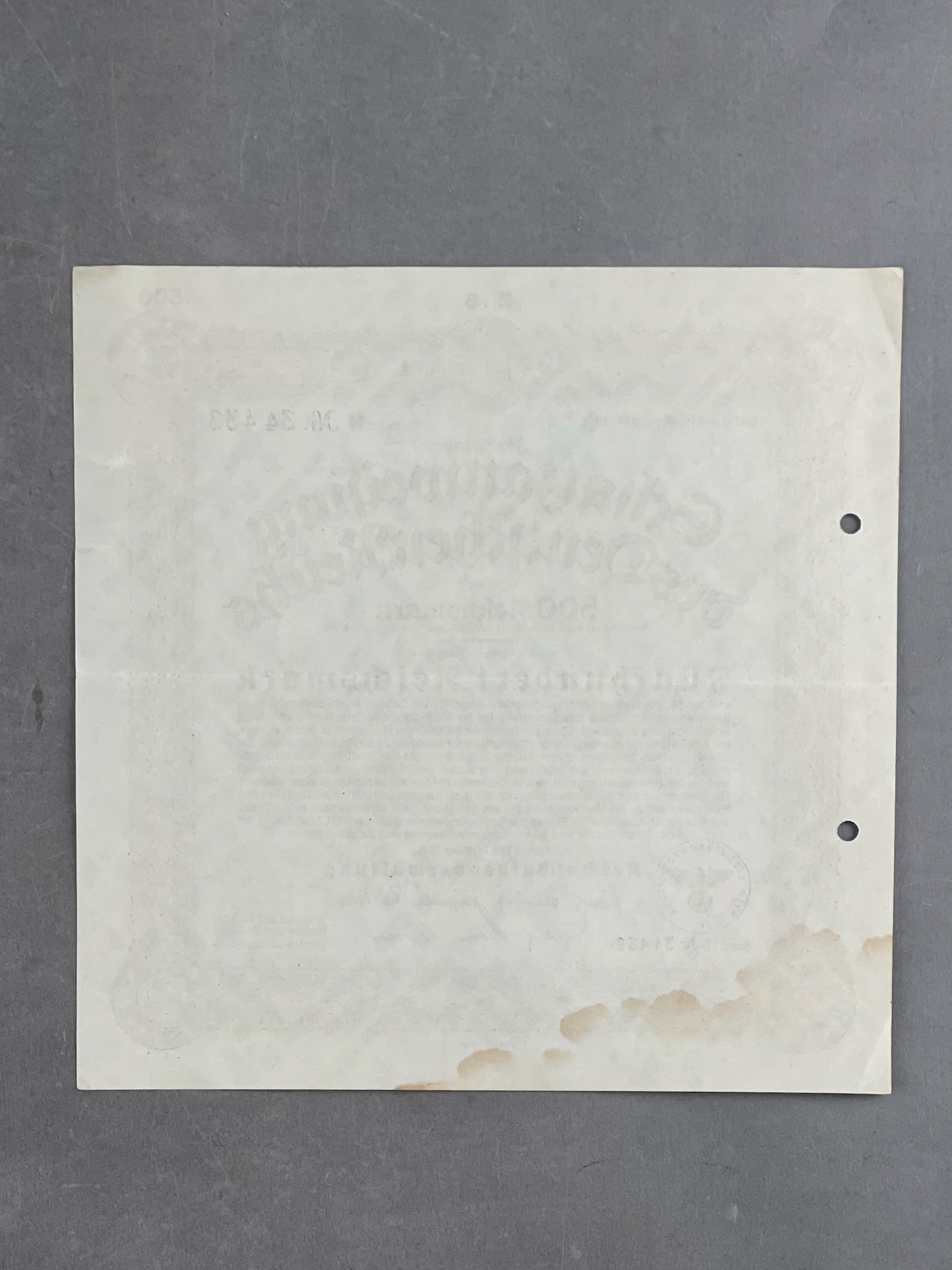 WW2 Tysk Stor Statsobligation "Schatzanweisung" på 500 Reichsmark. Sjælden. Original.