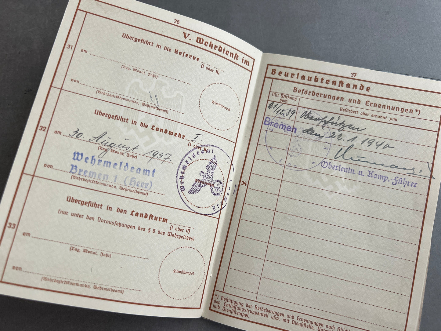 WW2 Tysk Wehrmacht Wehrpass. WW1-Veteran. Original.