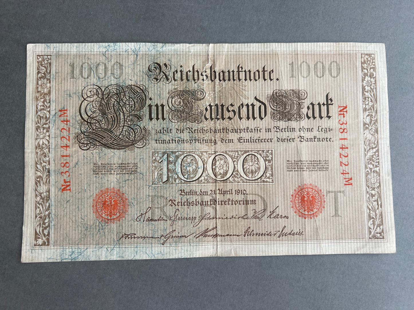 WW1 Tysk "Reichsbanknote" Pengeseddel. Fra 1910. Original.