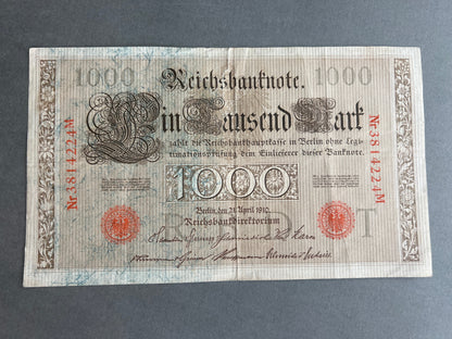 WW1 Tysk "Reichsbanknote" Pengeseddel. Fra 1910. Original.