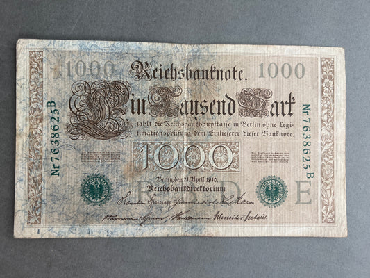 WW1 Tysk "Reichsbanknote" Pengeseddel. Fra 1910. Original.