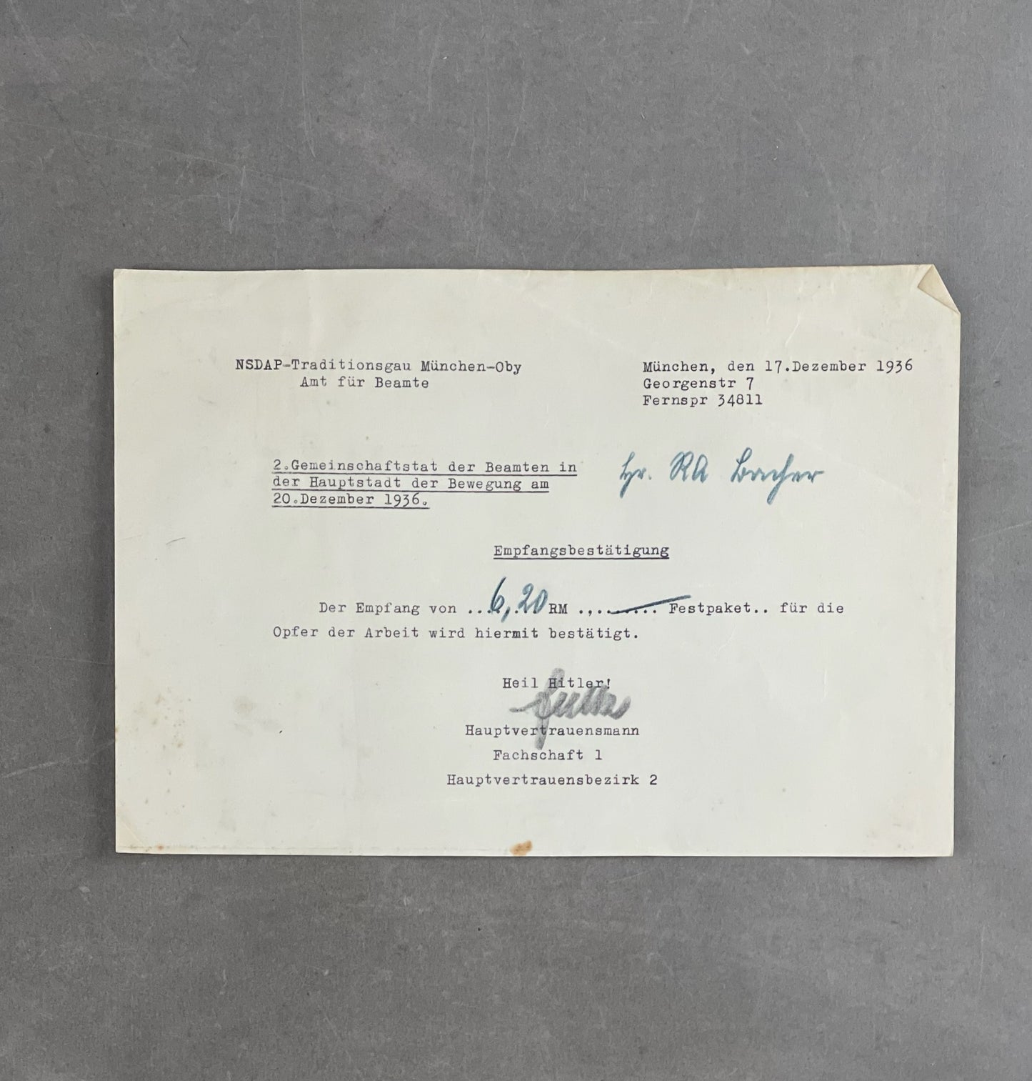 WW2 Tysk NSDAP Seddel. Original.