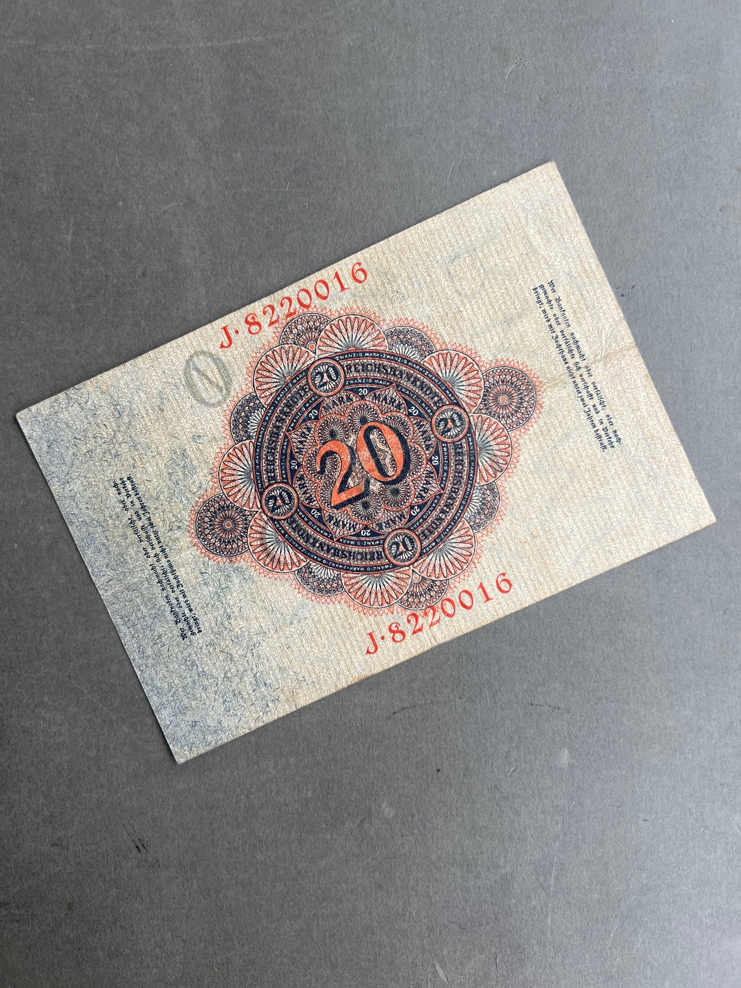 WW1 Tysk "Reichsbanknote" Pengeseddel. Fra 1914. Original.