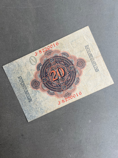 WW1 Tysk "Reichsbanknote" Pengeseddel. Fra 1914. Original.