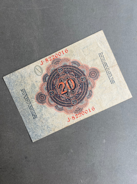 WW1 Tysk "Reichsbanknote" Pengeseddel. Fra 1914. Original.