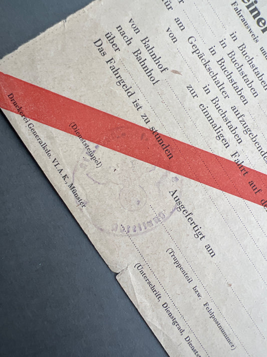 WW2 Tysk Wehrmacht "Kleiner Wehrmachtfahrschein". Ubrugt. Original.