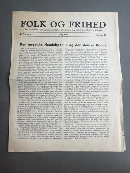 WW2 Dansk Illegal avis "Folk og Frihed" fra 1944. Original.