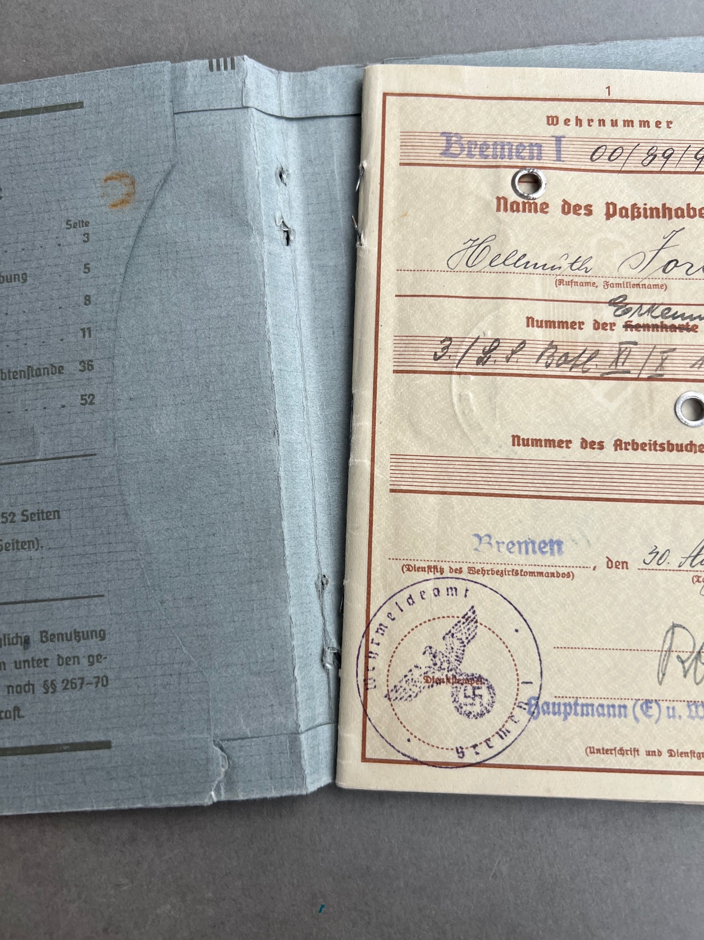 WW2 Tysk Wehrmacht Wehrpass. WW1-Veteran. Original.
