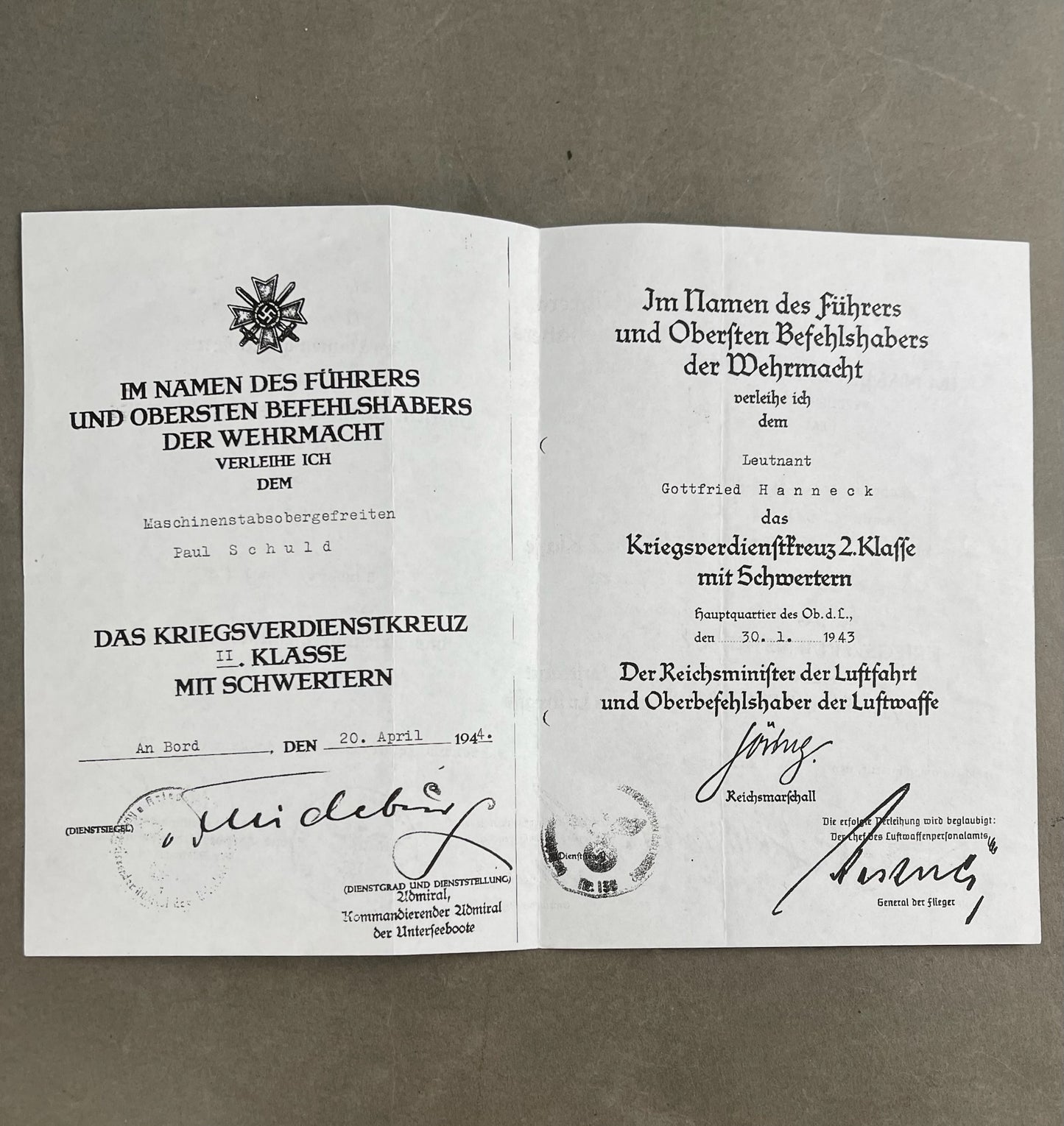 WW2 Tysk Fotokopi af Urkunder. Efterkrigs.