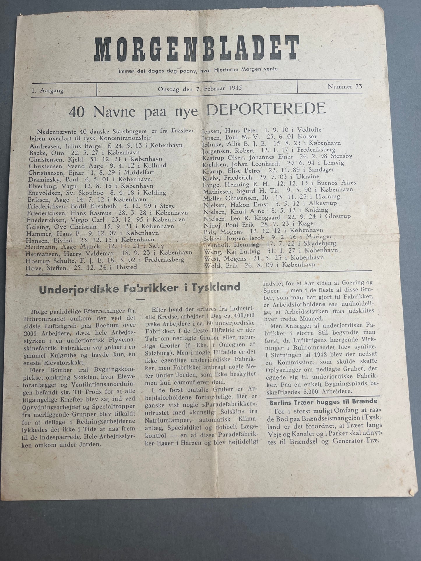 WW2 Dansk Illegal avis "MORGENBLADET" fra februar 1945. Original.