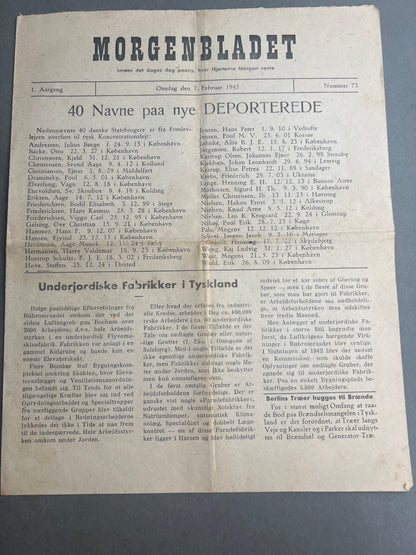 WW2 Dansk Illegal avis "MORGENBLADET" fra februar 1945. Original.