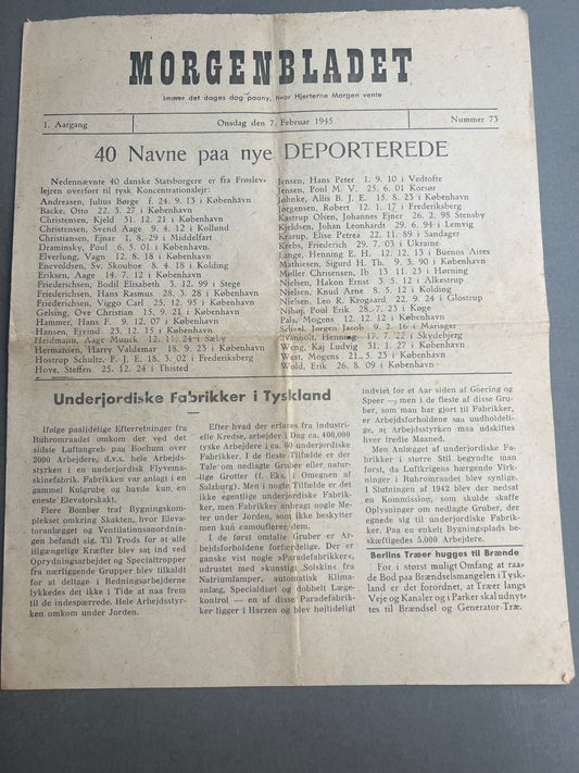 WW2 Dansk Illegal avis "MORGENBLADET" fra februar 1945. Original.