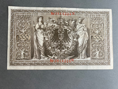 WW1 Tysk "Reichsbanknote" Pengeseddel. Fra 1910. Original.