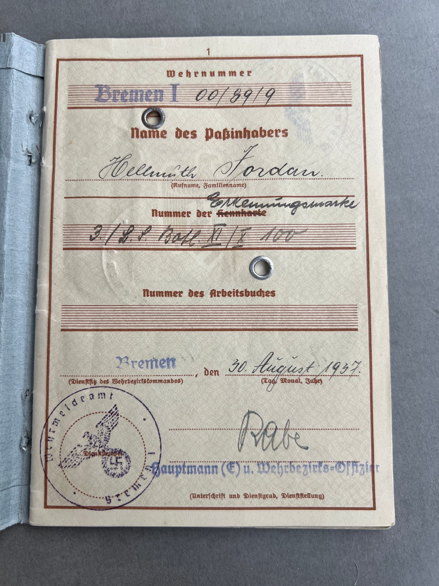 WW2 Tysk Wehrmacht Wehrpass. WW1-Veteran. Original.