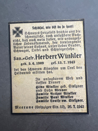 WW2 Tysk Wehrmacht Sanitäter Wehrpass i Mindeomslag, med hans dødsannonce, dødsattest mv.. Sjælden. Original.