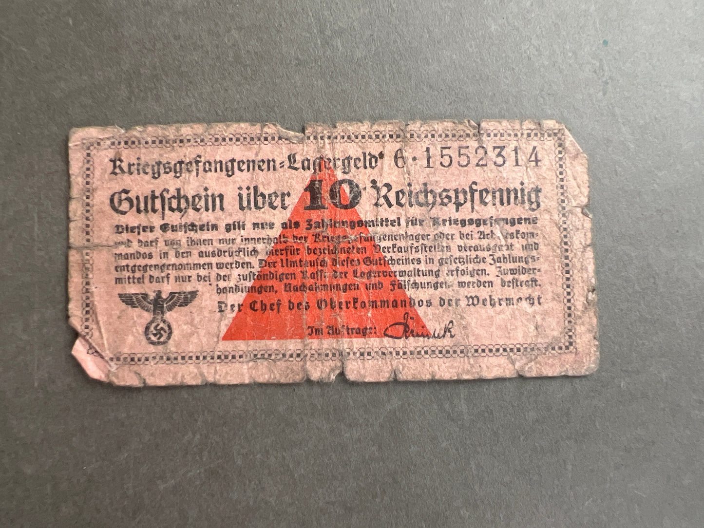 WW2 Tysk "10 Reichspfennig" Krigsfangelejr Pengeseddel. Original.