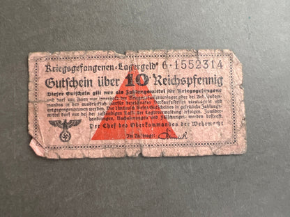 WW2 Tysk "10 Reichspfennig" Krigsfangelejr Pengeseddel. Original.