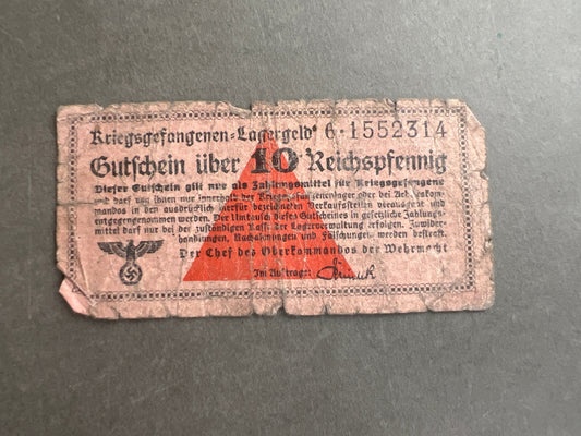 WW2 Tysk "10 Reichspfennig" Krigsfangelejr Pengeseddel. Original.