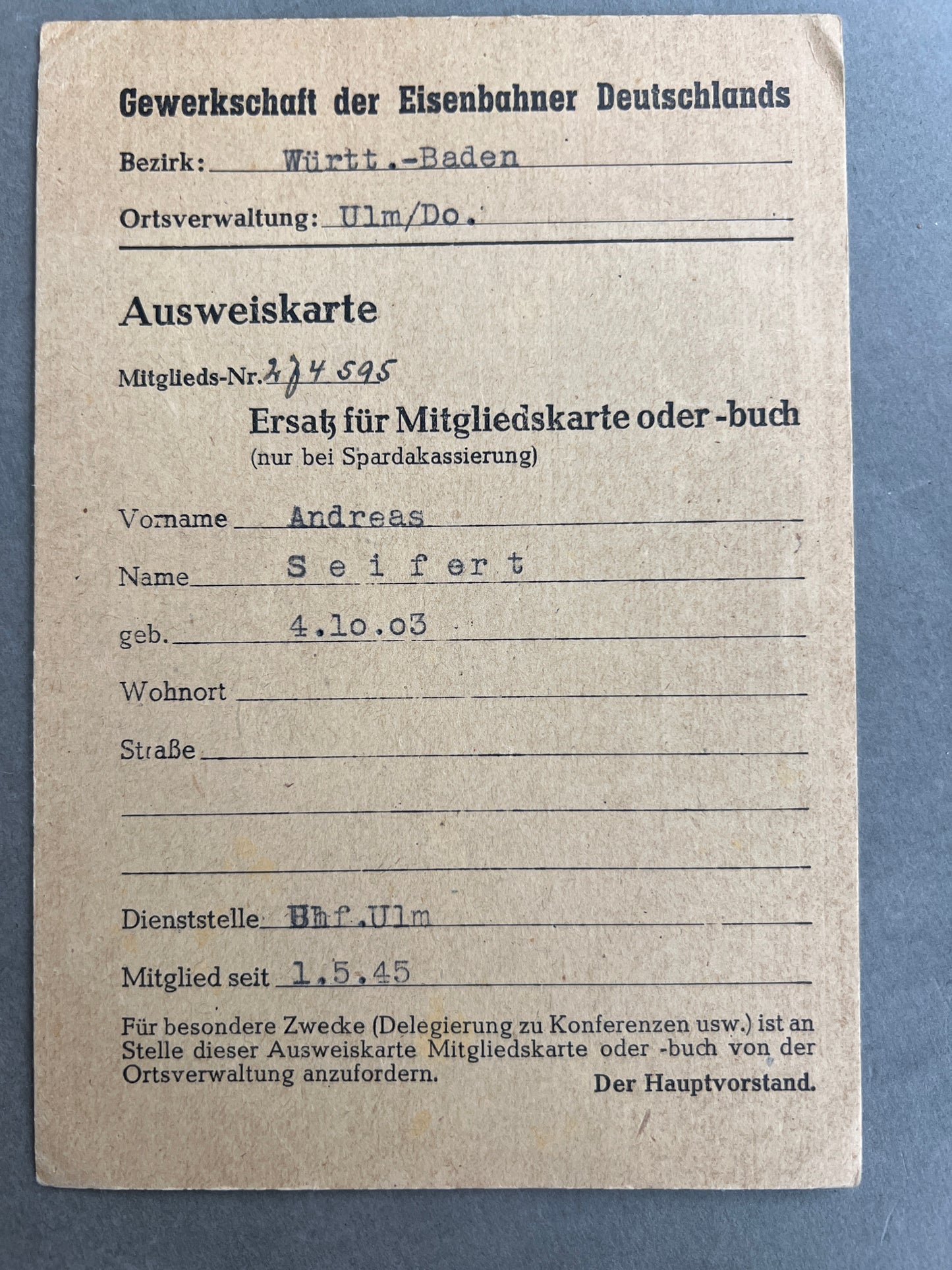 Østtysk DDR Ersatz medlemskort. Original.