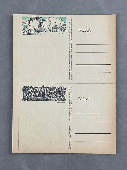 WW2 Tysk Ark med 4 stk. "Feldpost". Anti-Russisk Propaganda på bagsiden. Ubrugte. Original.