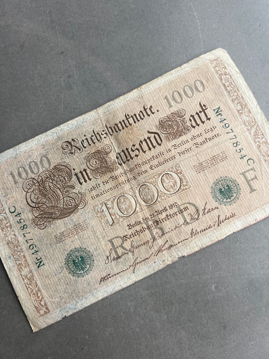 WW1 Tysk "Reichsbanknote" Pengeseddel. Original.