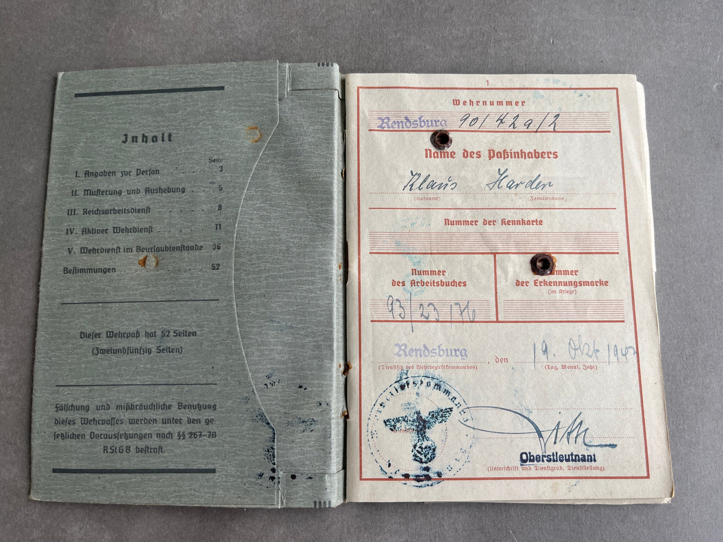 WW2 Tysk Wehrpass. Original.