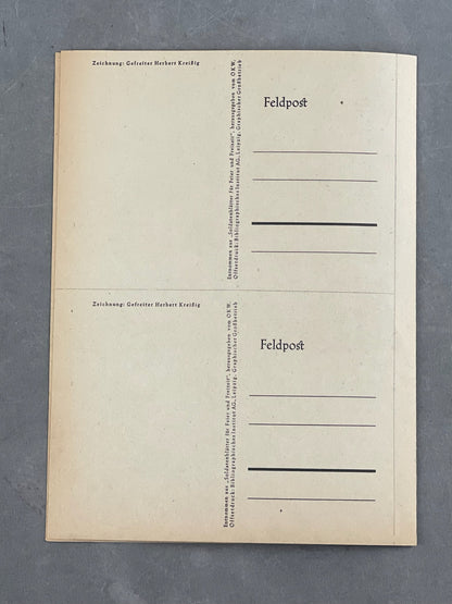 WW2 Tysk Ark med 4 stk. "Feldpost". Anti-Russisk Propaganda på bagsiden. Ubrugte. Original.