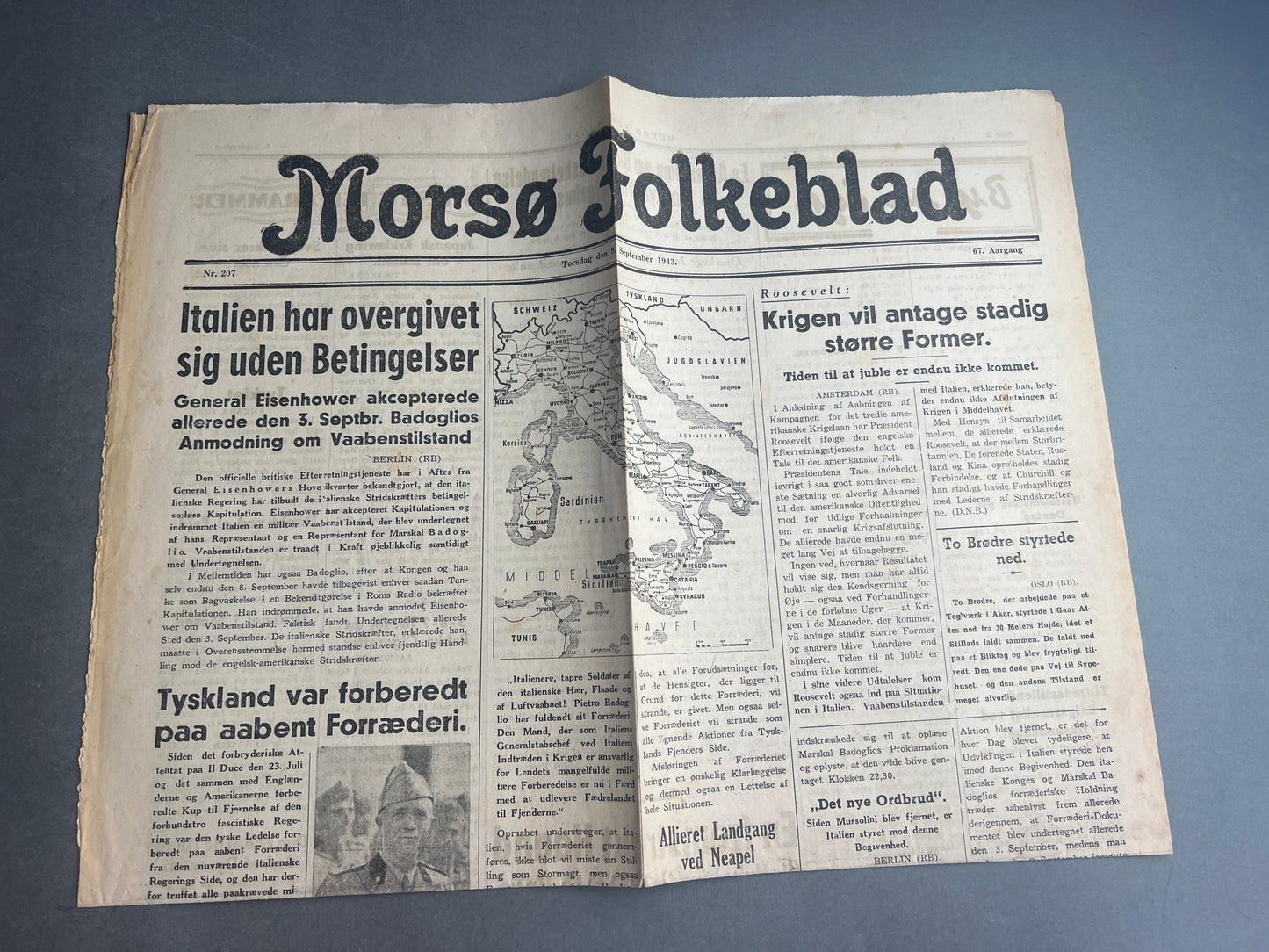 WW2 Dansk Avis "Morsø Folkeblad" fra 1943 om Italiens kapitulation. Original.