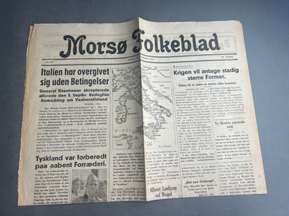 WW2 Dansk Avis "Morsø Folkeblad" fra 1943 om Italiens kapitulation. Original.