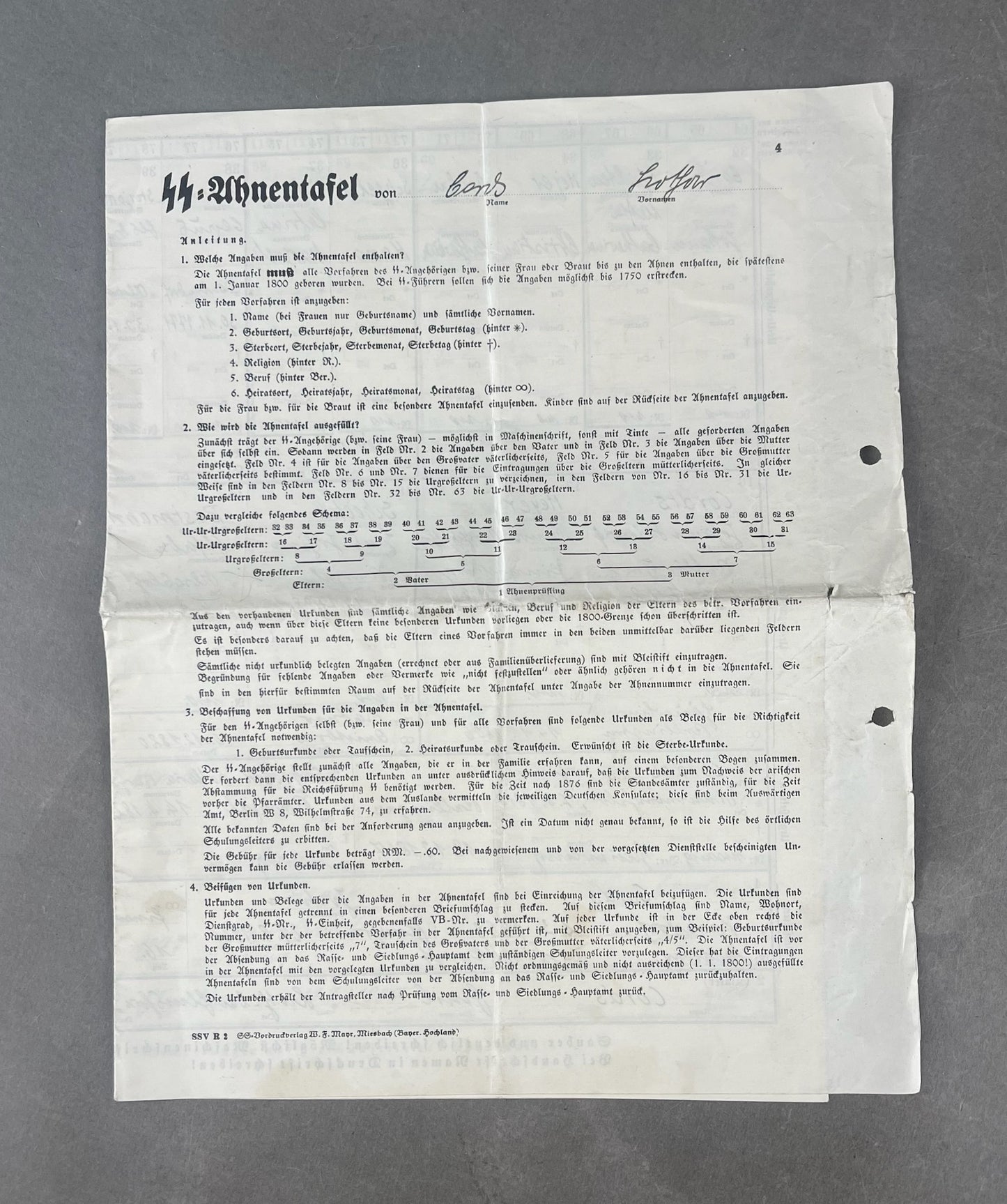 WW2 Tysk Waffen-SS "SS-Ahnentafel" (Stamtræ). Sjælden. Original.