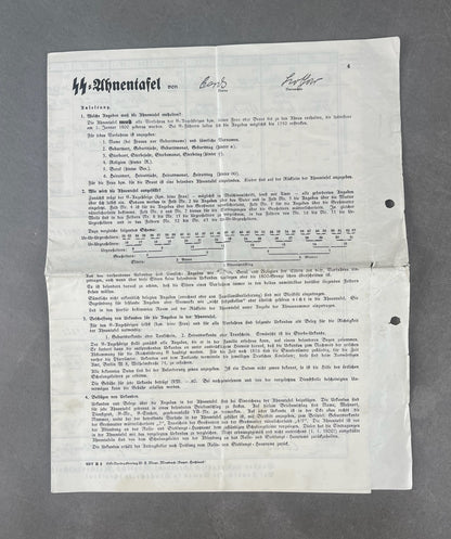 WW2 Tysk Waffen-SS "SS-Ahnentafel" (Stamtræ). Sjælden. Original.