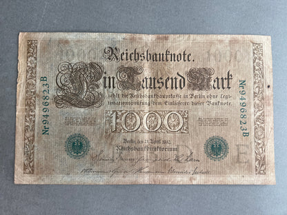 WW1 Tysk "Reichsbanknote" Pengeseddel. Fra 1910. Original.