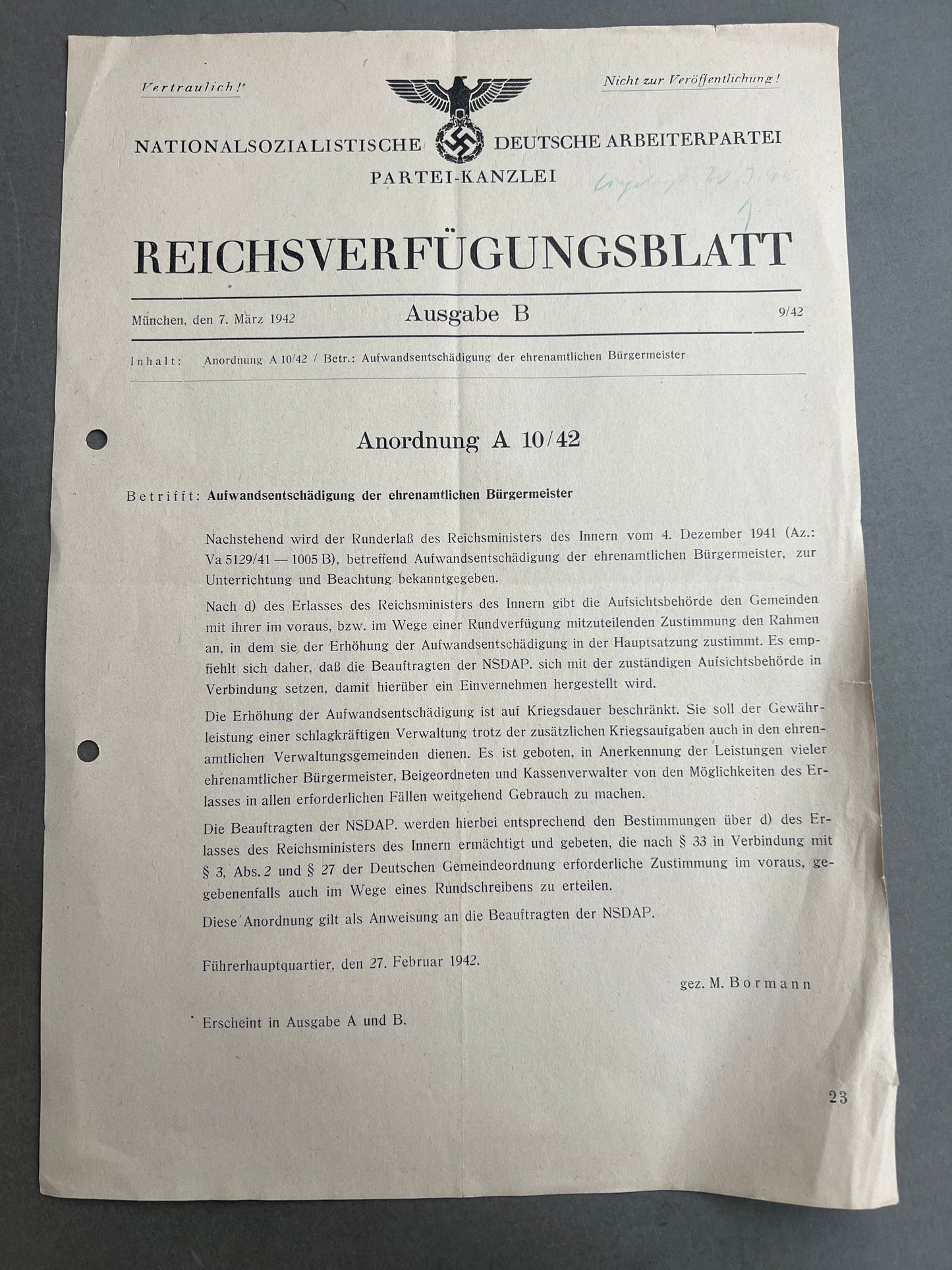 WW2 Tysk NSDAP "Reichsverfügungsblatt". Original.