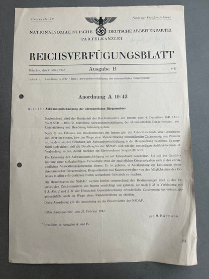 WW2 Tysk NSDAP "Reichsverfügungsblatt". Original.