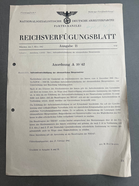 WW2 Tysk NSDAP "Reichsverfügungsblatt". Original.
