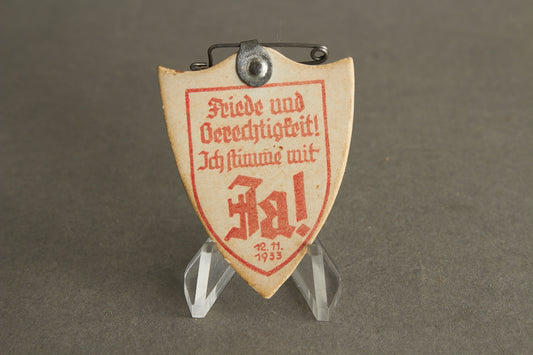 WW2 Tysk NSDAP Pap "Ja!" Tinnie fra valget i 1933. Ses ikke tit. Original.
