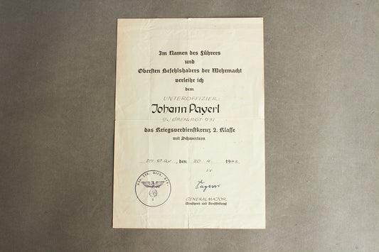 WW2 Tysk Urkunde (KVK m. Sværd) fra "Grenadier Regiment 931" (var i Danmark indtil 1943). Original.