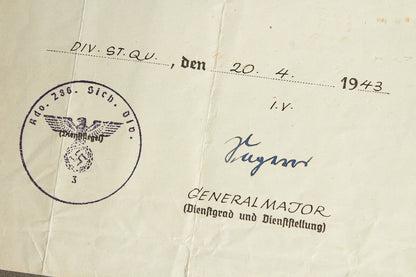 WW2 Tysk Urkunde (KVK m. Sværd) fra "Grenadier Regiment 931" (var i Danmark indtil 1943). Original.